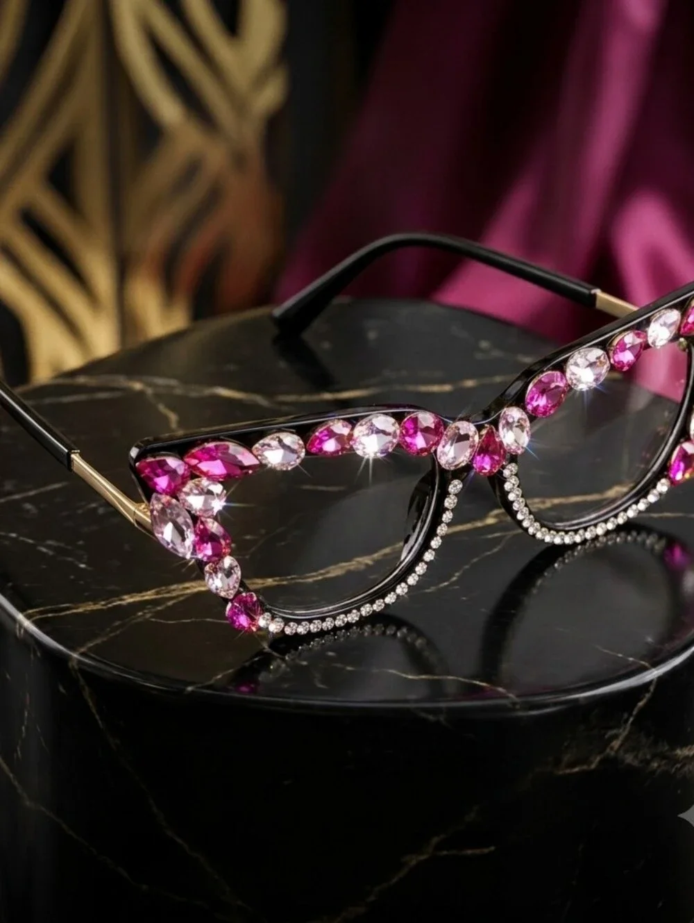 Women's Bling Cat Eye Readers Pink Rhinestones AB Reading Glasses Black +1.50